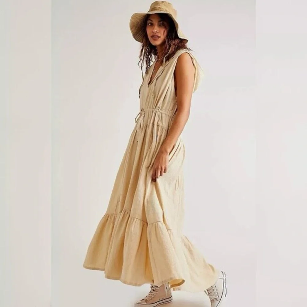 free people linen maxi dresses Free People Ethereal Beach Marina Muse Maxi Dress in Natural Neutral Large NWT
